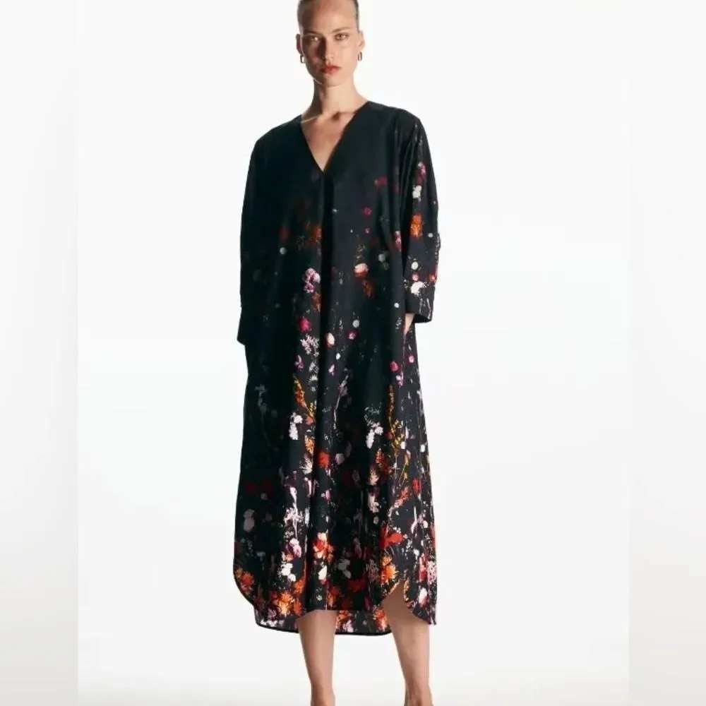 COS Floral V-Neck Midi Dress Womens Size 4 Dark Gray Cotton Blend Pockets